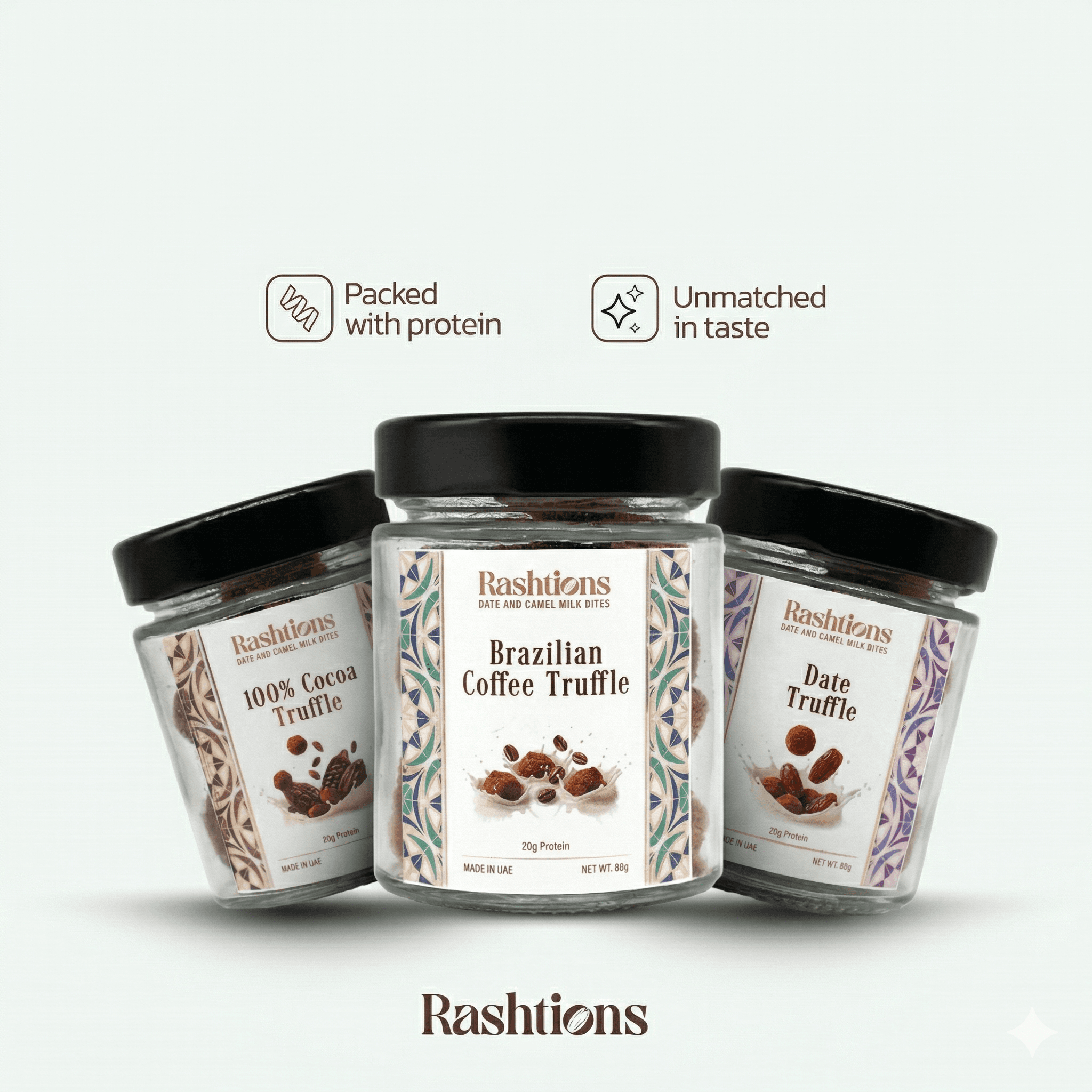 Rashtions Date Truffle, Cocoa Truffle, and Brazilian Coffee Truffle jars