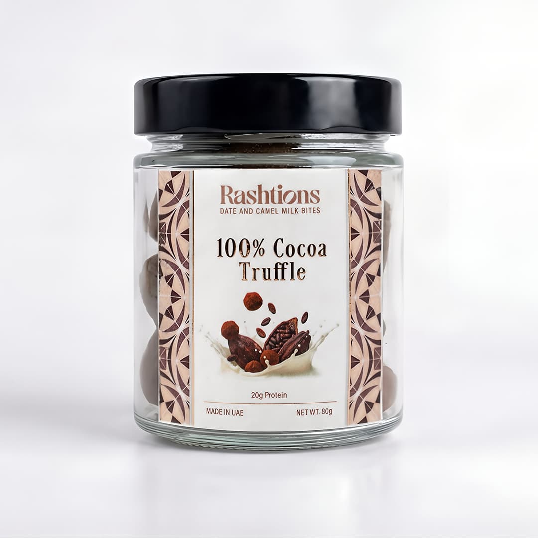 Rashtions Cocoa Truffle — 80g Khalas date and camel milk bite jar, 20g protein