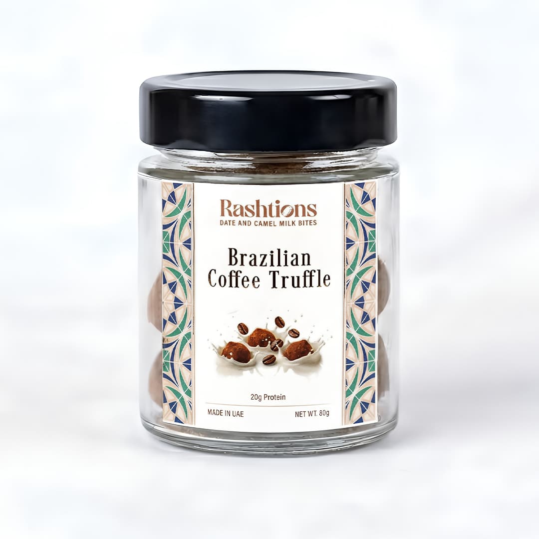 Rashtions Brazilian Coffee Truffle — 80g Khalas date and camel milk bite jar, 20g protein