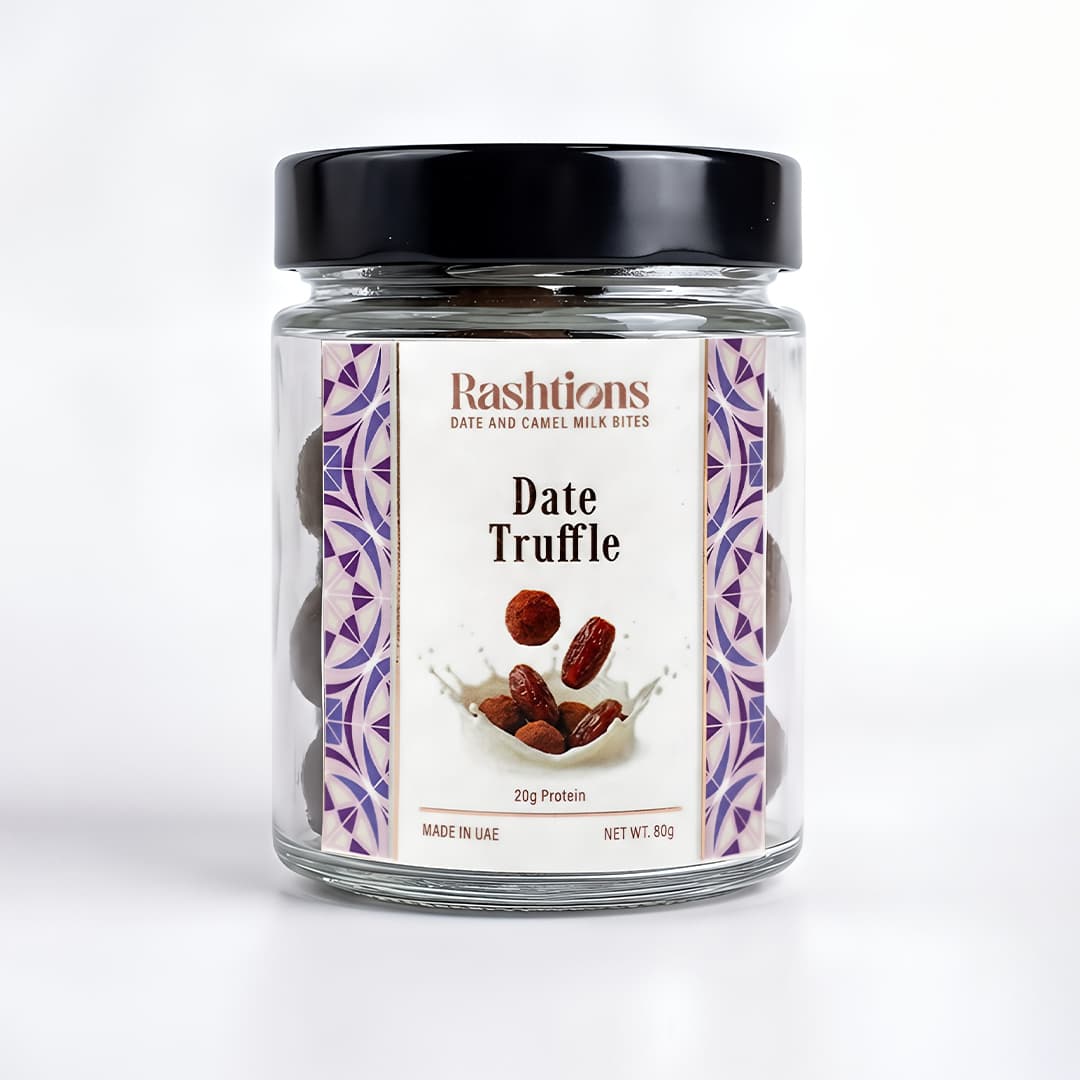 Rashtions Date Truffle — 80g Khalas date and camel milk bite jar, 20g protein